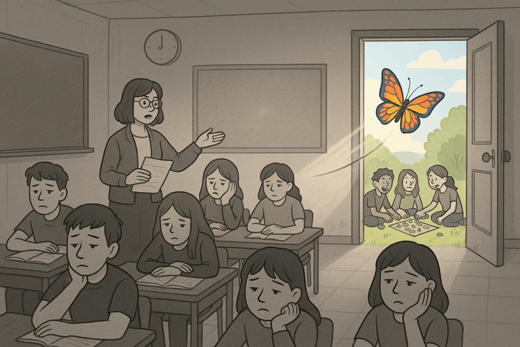 Ein graues Klassenzimmer mit gelangweilten Schülern, vorne eine Lehrerin mit Frontalunterricht. Aus der Mitte des Raumes erhebt sich ein bunter Schmetterling, der durch eine aufgestoßene Tür ins Freie flattert – draußen warten ein Kreis von Menschen, die lachend zusammen ein Spielbrett aufbauen.