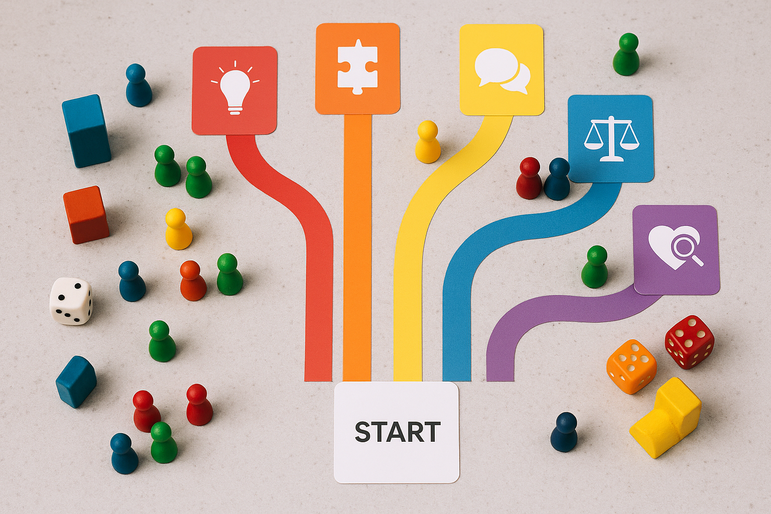 Ein offenes Spielfeld aus bunten Karten, Bauklötzen und Würfeln. Sechs farbige Wege verzweigen sich von einem Startpunkt – jeder Weg mit einem anderen Symbol: eine Glühbirne (Mindset), ein Puzzle (Reflexion), zwei Sprechblasen (Kommunikation), ein Turm (Resilienz), eine Waage (Entscheidungen) und ein Herz mit Lupe (Kundenfokus). Drumherum kleine Spielfiguren, die gemeinsam unterwegs sind.